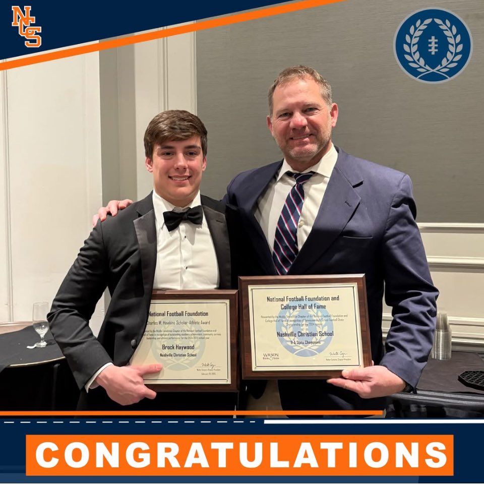 National Football Foundation Scholar Athlete Award for outstanding achievements in academics, athletics, and leadership.  Along with Head Coach Jeff Brothers, recognized as an NFF State Champion, for exceptional leadership andcommitment to student-athletes. <a href="/NCSRecruiting/">Nashville Christian Football Page</a>