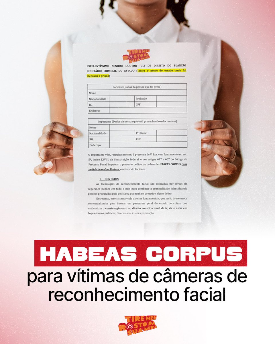 ⚠️ Você ou alguém que conhece foi detido(a) injustamente por erro de reconhecimento facial? 

O modelo de habeas corpus disponibilizado em tiremeurostodasuamira.org.br/arquivos/model…  permite que qualquer pessoa solicite a suspensão de sua prisão ou a de outros. Confira.