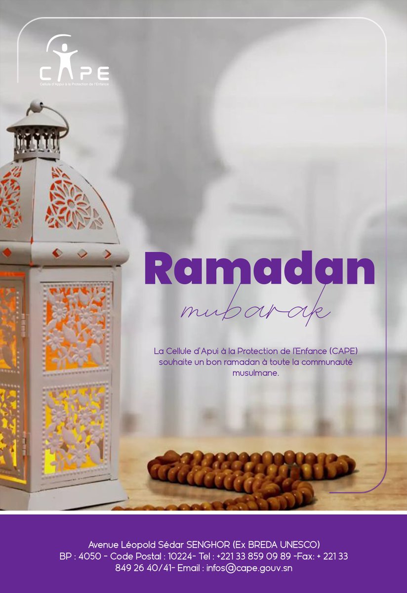 La Cellule d'Appui à la Protection de l'Enfance (CAPE) souhaite un bon début de Ramadan à toute la communauté Musulmane.
RAMADAN MUBARAK
#Ramadan2025 #Capesénégal