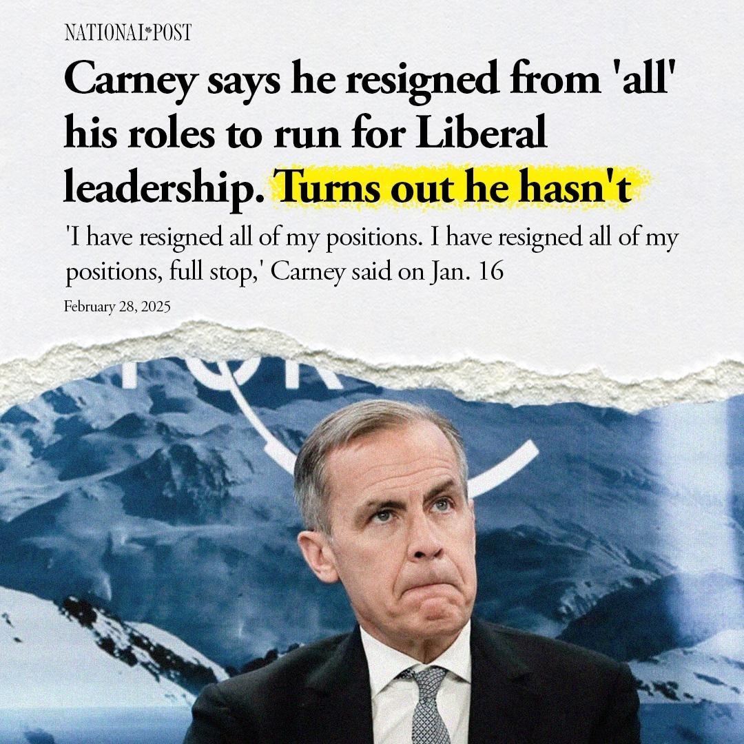 PierrePoilievre's tweet image. Carney caught in ANOTHER lie. 

First, Carney refuses to disclose his finances - claims he resigned from "all of my positions, full stop" - and now we learn he hasn't actually resigned from all his boards.

Why is he lying to Canadians?
nationalpost.com/news/canada/ca…