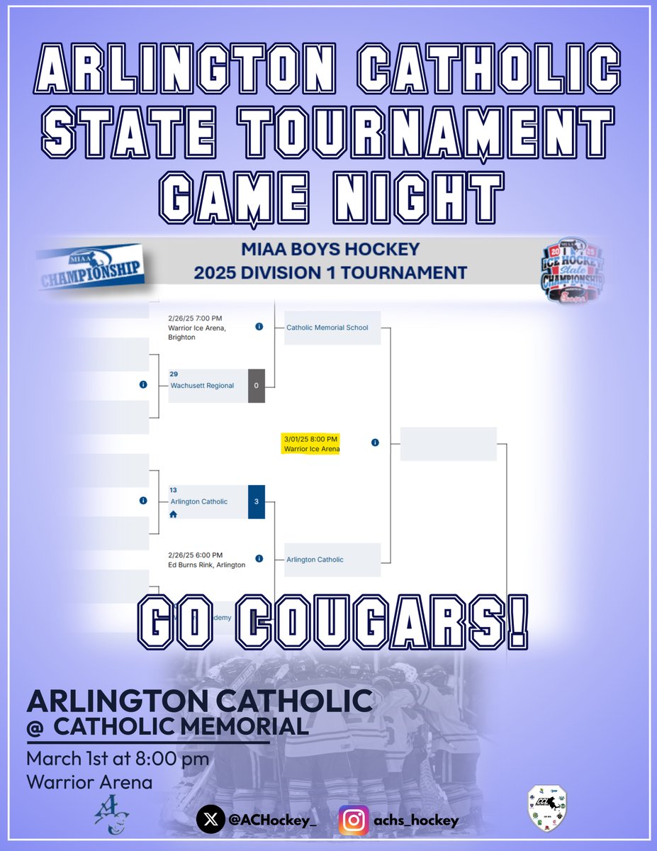 Calling on all AC fans to bring the noise for the boys! Come root on your AC Cougars tomorrow night at the Warrior Arena in Brighton. Puck drop is at 8 pm!  Get your tickets using this link (no cash accepted) gofan.co/event/3300884?…… and watch the livestream here: