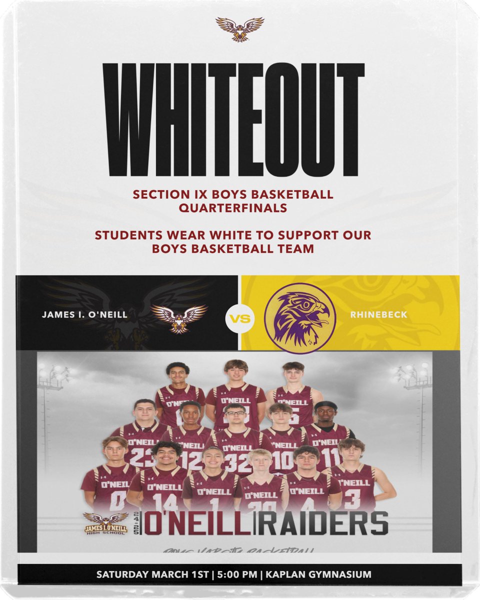 Boys' Basketball is the #3 seed and will face Rhinebeck in the first round of the Section IX Basketball Tournament at 5pm on Saturday March 1st at 5pm