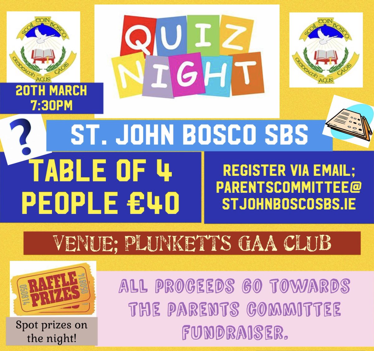 stjohnboscosbs's tweet image. 🌟 We are hosting a table quiz night on Thursday 20th March in @plunketts_ie we would love to invite our school community (current and past pupils) to our fundraiser organised by our dedicated Parents Committee🌟 

Email; parentscommittee@stjohnboscosbs.ie to register your team✅