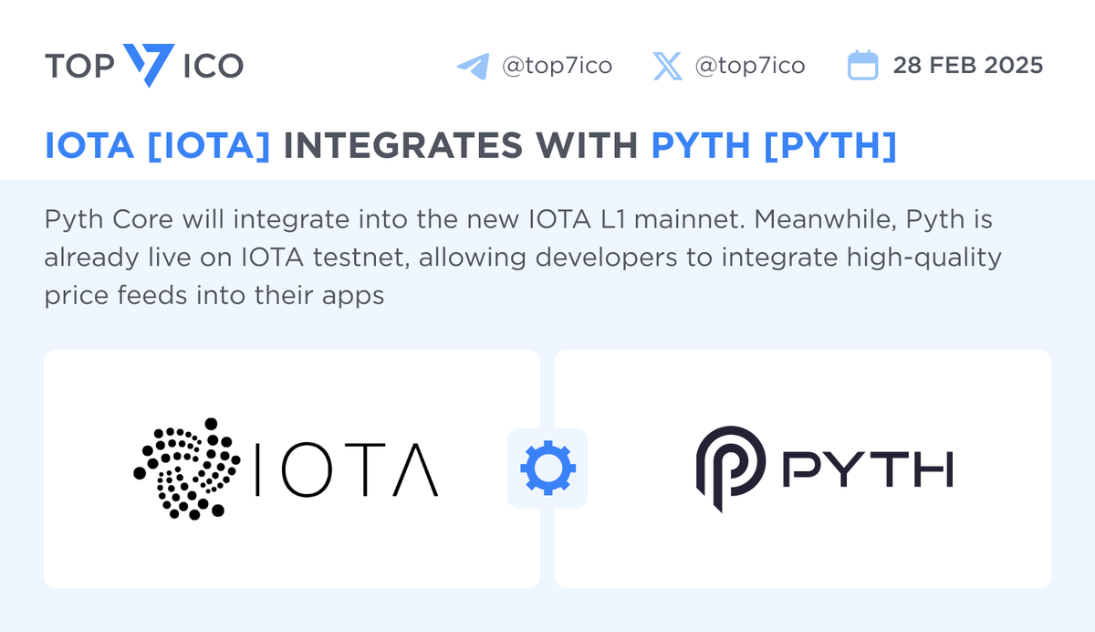 top7ico's tweet photo. IOTA $IOTA integrates with Pyth Network $PYTH

#PythCore will integrate into the new IOTA L1 mainnet. Meanwhile, @PythNetworkis already live on @iota testnet, allowing developers to integrate high-quality price feeds into their apps https://t.co/ZaalZ3Jfrt