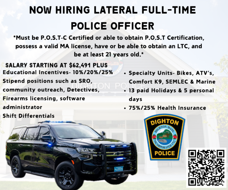 Dighton Police Department Now Hiring Lateral Full-Time Police Officer: The Dighton Police Department is currently accepting applications for the position of a lateral full-time police officer. Municipal Police Training Committee (MPTC) Full-Time Recruit… dightonpolice.com/dighton-police…