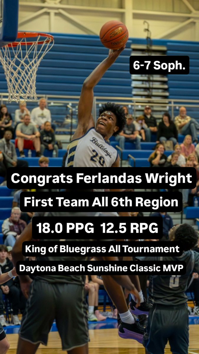 Congrats to Ferlandas Wright (6-7 Class of 2027) for being named 1st Team All 6th Region today by the Courier-Journal. Wright has had a great year for the Bulldogs! District Finals tonight at Valley vs PRP at 7:30 PM.