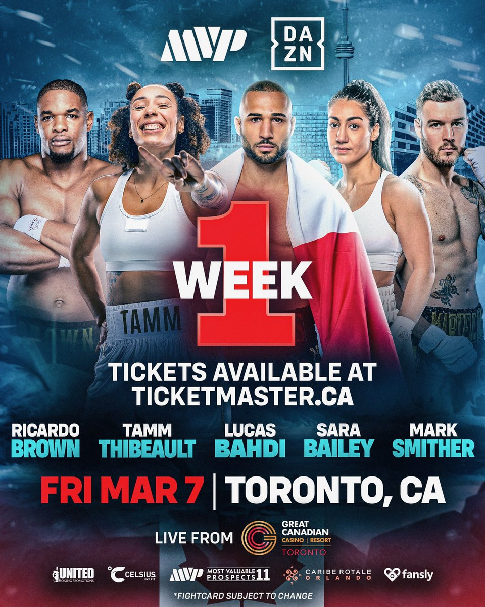 We’re 1 WEEK away from Most Valuable Prospects 11 on Friday, March 7th in Toronto, Canada!🇨🇦

MVP’s own Knockout of the Year winner Lucas “Prince” Bahdi (18-0, 15 KOs) will battle Ryan James Racaza (15-0, 11KOs) in a MAIN EVENT Lightweight bout at 135lbs. Another of MVP’s own,