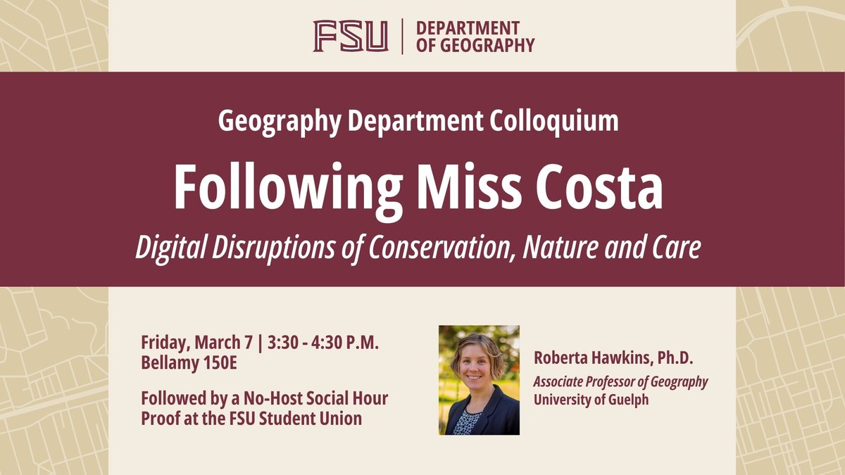 Join the Department of Geography for our monthly colloquium on Friday, March 7! This talk, presented by Dr. Roberta Hawkins, is titled "Following Miss Costa: Digital Disruptions of Conservation, Nature and Care."

Learn more: calendar.fsu.edu/event/geograph…