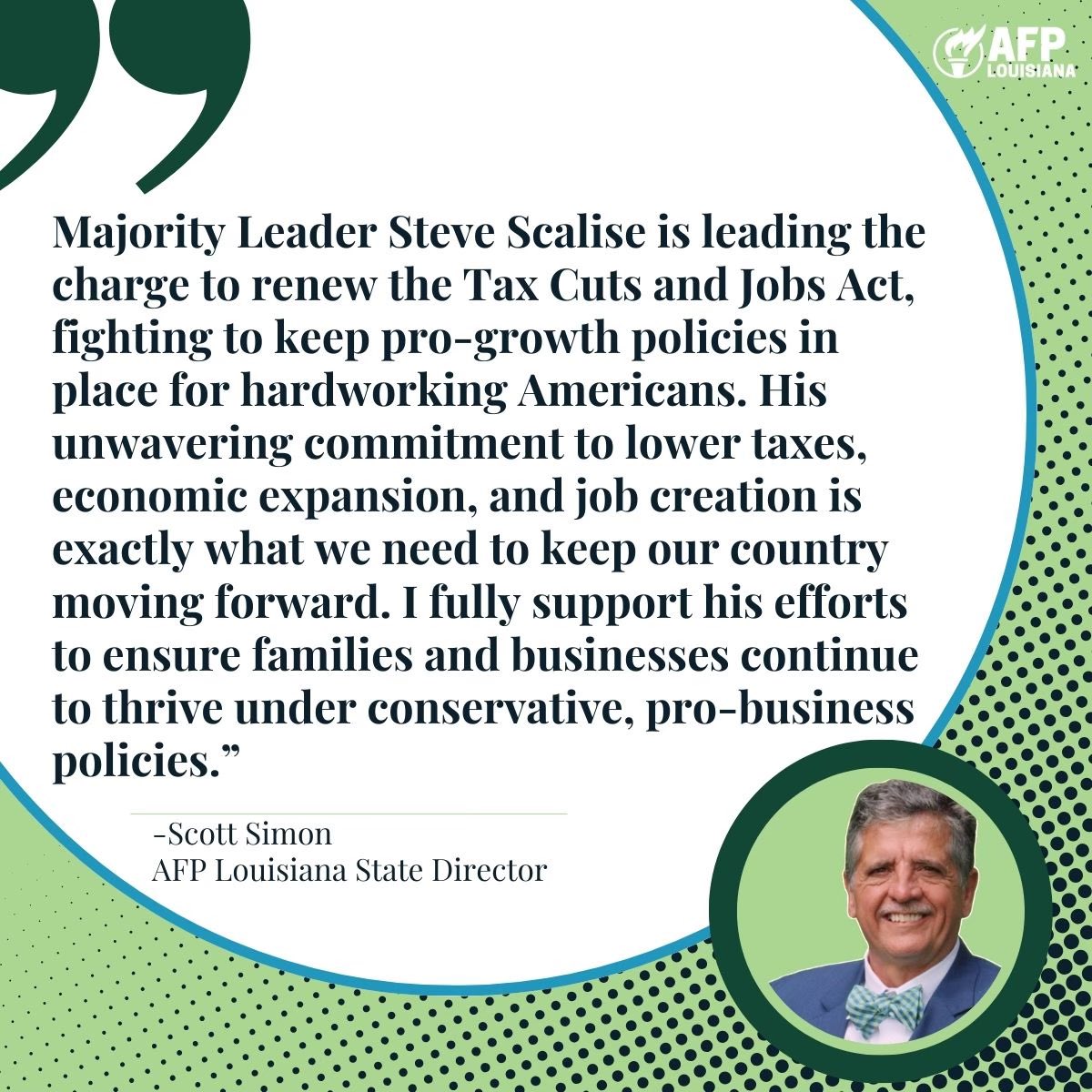 AFPLouisiana's tweet photo. Majority Leader @SteveScalise is fighting to keep #TrumpTaxCuts in place for hardworking Americans. We applaud his leadership and support his commitment to lower taxes and economic growth. 🇺🇸#ProtectProsperity #ExtendTCJA https://t.co/gHrdsU1KmB