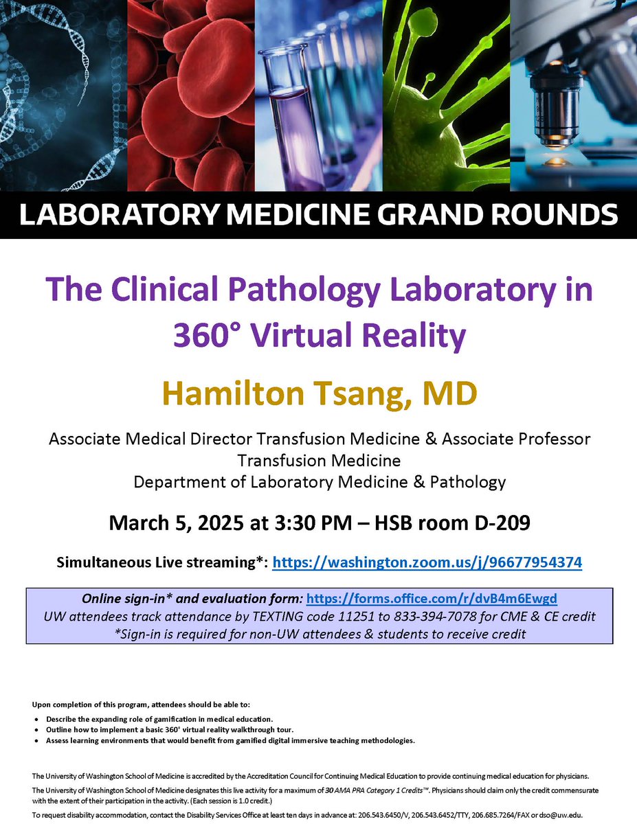 Join us for #laboratorymedicine #grandrounds "The Clinical Pathology Laboratory in 360° Virtual Reality" on Wed, March 5th at 3:30pm PT  Learn more: dlmp.uw.edu/events?trumbaE……………………… #MedEd #MedX