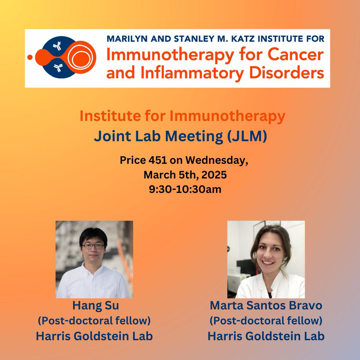 Katz Institute for Immunotherapy (@ifi_einstein) on Twitter photo Join Hang Su & <a href="/martasantosb/">Marta Santos Bravo</a> from Harris Goldstein Lab as they present advanced research on #CARTCells therapy #CancerImmunotherapy at the IFI-JLM session on March 5th!!
<a href="/EinsteinPhD/">EinsteinPhD</a>
<a href="/EinsteinMed/">Albert Einstein College of Medicine - Official</a>
<a href="/EinsteinMSTP/">EinsteinMSTP</a>
<a href="/MontefioreNYC/">Montefiore Health System</a>
<a href="/ae_cancercenter/">ME Cancer Center</a> Join Hang Su & <a href="/martasantosb/">Marta Santos Bravo</a> from Harris Goldstein Lab as they present advanced research on #CARTCells therapy #CancerImmunotherapy at the IFI-JLM session on March 5th!!
<a href="/EinsteinPhD/">EinsteinPhD</a>
<a href="/EinsteinMed/">Albert Einstein College of Medicine - Official</a>
<a href="/EinsteinMSTP/">EinsteinMSTP</a>
<a href="/MontefioreNYC/">Montefiore Health System</a>
<a href="/ae_cancercenter/">ME Cancer Center</a>