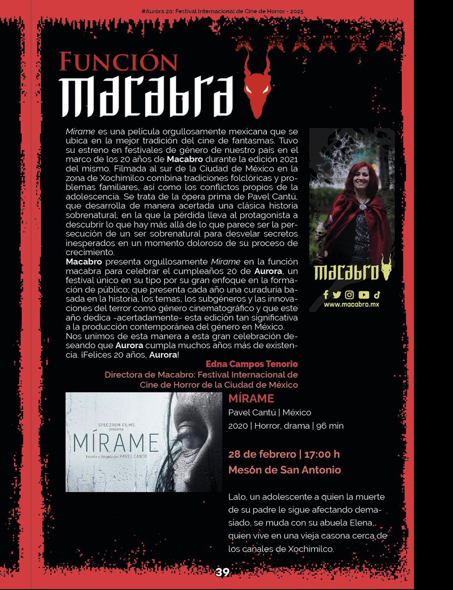 Hoy #FunciónMacabra del <a href="/MacabroFICH/">Macabro FICH</a>,  con la presentación de <a href="/EdnaCTenorio/">Edna C.T.</a> 

MÍRAME
Pavel Cantú | México
2020

28 de febrero | 17:00 h

Mesón de San Antonio

- aurorahorror.com
- cutura.ugto.mx

#Aurora20 <a href="/CulturaUG/">Cultura UG</a> <a href="/cineclubug/">Cine Club UG</a>