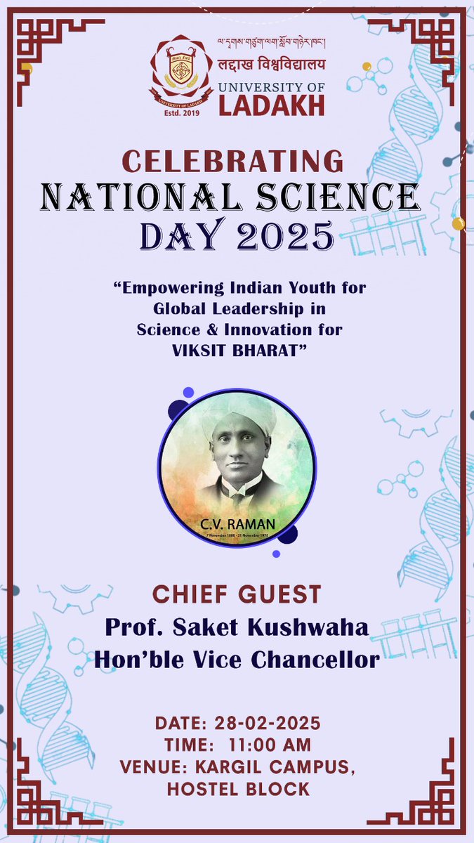 ULadakh's tweet photo. Kargil Campus UoL celebrates National Science Day 2025
Honoring Sir C.V. Raman, the event featured groundbreaking research in AI, climate science, biodiversity &amp; more. HVC Prof. @Saket_Kushwaha4 praised students’ innovations, urging interdisciplinary research for a ViksitBhara https://t.co/BgKW9UFnCB