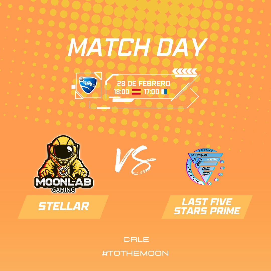 MoonLab Gaming (@moonlabgaming) on Twitter photo ¡Vamos con el partido de hoy!🚨
El Stellar se enfrentara a <a href="/lastfivestars/">Last Five Stars</a> Prime y desmotrarán lo que han trabajado a las 18:00 en la 7 jornada de la @CRLELEAGUE 💥!
#TOTHEMOON🌙🚀 ¡Vamos con el partido de hoy!🚨
El Stellar se enfrentara a <a href="/lastfivestars/">Last Five Stars</a> Prime y desmotrarán lo que han trabajado a las 18:00 en la 7 jornada de la @CRLELEAGUE 💥!
#TOTHEMOON🌙🚀