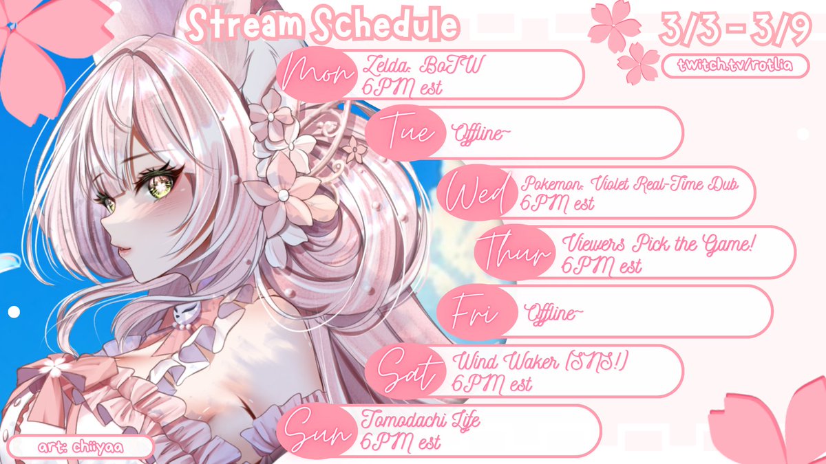 R0TLIA's tweet photo. —|🌸STREAM SCHEDULE 3/3-3/9🌸|—
We'll be playing lots of fun games this upcoming week! Join me over on my Twitch, linked in my bio! We'll be aiming to reach affiliate before my debut! 🩷
Mark: 🌸🎀
General: #rotlia
Art: #Rartlia
Clips: #Cliplia https://t.co/P06FH47Oml