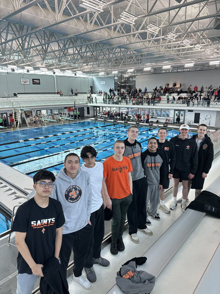 Boys team out to support Jamie at IHSA State Diving!!!! #GoSaints ⚜️#SaintsPride 🟧 ⬛️