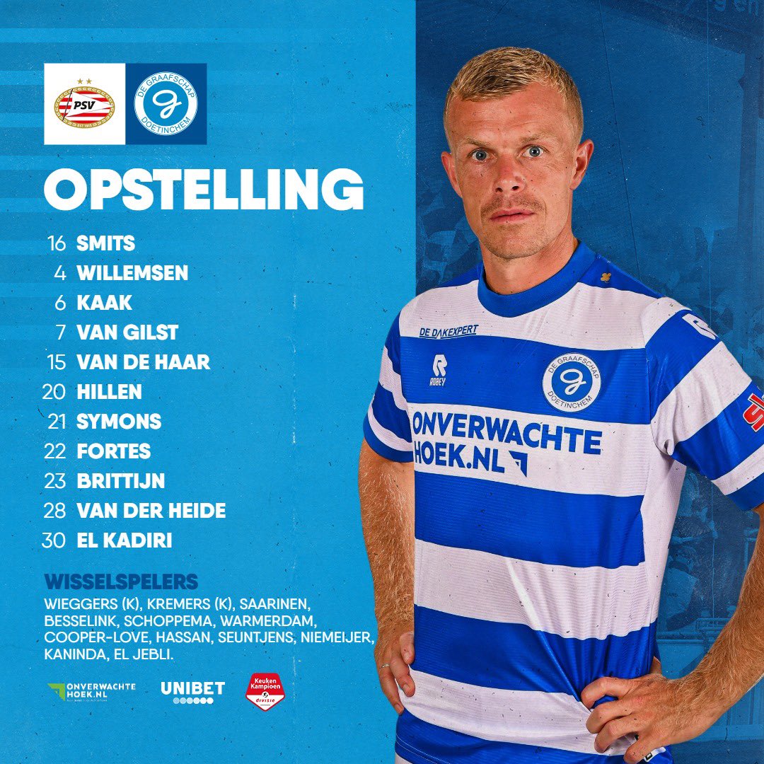 DeGraafschap's tweet photo. OPSTELLING!
Lion Kaak vervangt de geblesseerde Anass Najah. Ibrahim El Kadiri vervangt Reuven Niemeijer die deze week ziek was, maar wel op de bank kan plaatsnemen.
#psvGRA
#SamenDRAN #VeurAltied #AchterhoekseTrots
*πππ±ππ¦π π¦ππ΅ππ¦ππ₯ π₯ππ°π @UnibetNL https://t.co/0P7xXKyFlk