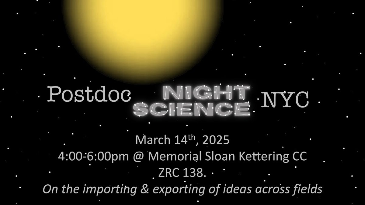 MSK ScienceEducation (@mskeducation) on Twitter photo Postdoc Night Science NYC is coming to <a href="/MSKCancerCenter/">Memorial Sloan Kettering Cancer Center</a>!
<a href="/MSKPDA/">MSKPDA</a>, come join Drs. <a href="/ItaiYanai/">Itai Yanai</a> and <a href="/KelseyRMonson/">Kelsey Monson, PhD</a> to explore and practice the creative scientific process. In this session, they will discuss how to import and export ideas across different fields. Postdoc Night Science NYC is coming to <a href="/MSKCancerCenter/">Memorial Sloan Kettering Cancer Center</a>!
<a href="/MSKPDA/">MSKPDA</a>, come join Drs. <a href="/ItaiYanai/">Itai Yanai</a> and <a href="/KelseyRMonson/">Kelsey Monson, PhD</a> to explore and practice the creative scientific process. In this session, they will discuss how to import and export ideas across different fields.