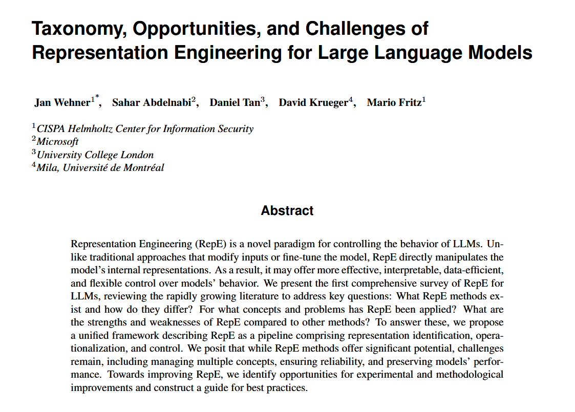 💥Representation Engineering is a new approach for controlling LLM behavior that has been exploding in popularity!
📜Our survey "Taxonomy, Opportunities, and Challenges of Representation Engineering for Large Language Models" spans 130 papers to answer all your questions about it