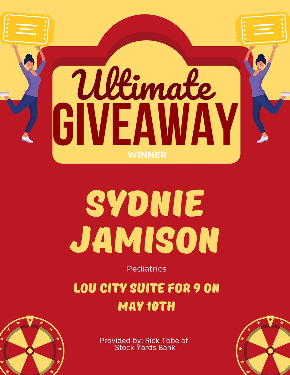 University of Louisville GME Office (@uoflgme) on Twitter photo Our final raffle for the day is for a suite at the Lou City game on May 10th, provided by Rick Tobe of Stock Yards Bank. Congrats go to our ultimate giveaway winner for UL's #ThankaResidentDay celebration! <a href="/UofLPedsRes/">UofL Peds Residency</a> Our final raffle for the day is for a suite at the Lou City game on May 10th, provided by Rick Tobe of Stock Yards Bank. Congrats go to our ultimate giveaway winner for UL's #ThankaResidentDay celebration! <a href="/UofLPedsRes/">UofL Peds Residency</a>