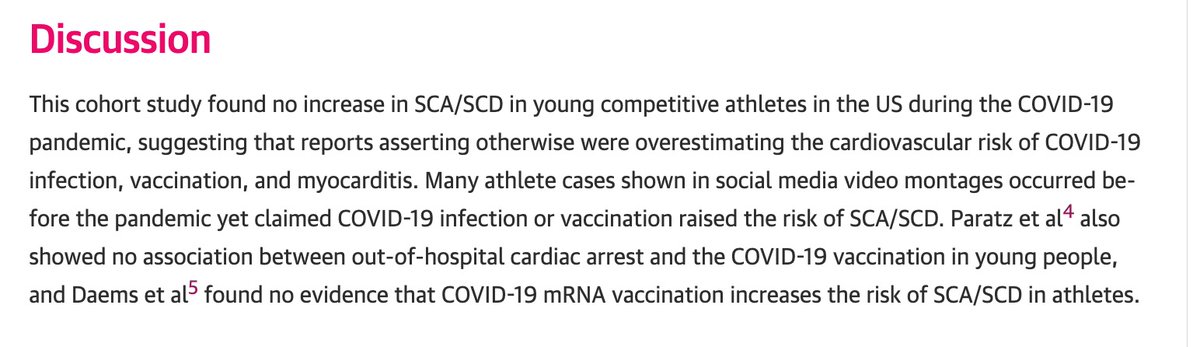 🚨 Another vaccine myth goes DOWN!

A new JAMA study compared prevalence of sudden cardiac arrest in young athletes in the 3 years before &amp; after the COVID-19 pandemic.

They found no difference.

Myocarditis was the cause of SCD in 3 cases before &amp; 4 cases during the pandemic.