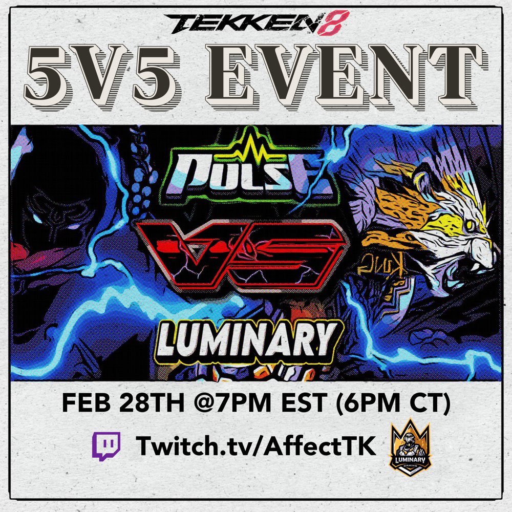🥊 5v5 vs <a href="/LMNYGaming/">LUMINARY</a> Tonight! 

🕑 7PM EST
📺 Twitch.tv/AffectTK  

⚡️ <a href="/Plus_UltraFGC/">TheCreamOfTheCrop</a>
⚡️ <a href="/MageLikeTrunks/">Pulse | MageLikeTrunks</a>
⚡️ @mrund3rat3d
⚡️ <a href="/toxic_toro/">ToroToro</a>
⚡️ <a href="/papillagameplay/">Pulse|Papilla</a>

#LifeInEveryBreath