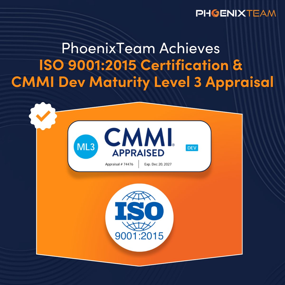 PhoenixOutcomes's tweet image. We’re excited to share that PhoenixTeam has achieved ISO 9001:2015 certification and has been appraised at CMMI Dev Maturity Level 3! These milestones reflect our commitment to quality, efficiency, and continuous improvement. 
#CMMI #ISO9001 #ExcellenceInExecution #QualityDriven