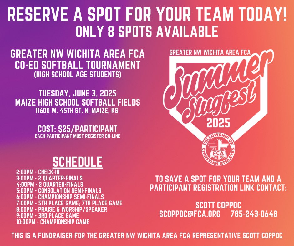 Get your team a spot!
Incoming freshmen through 2025 graduates.
Team member DO NOT need to be from the same school!
<a href="/wichitaareafca/">FCA- Greater Wichita Area</a>