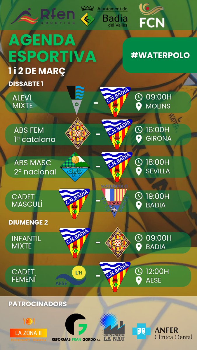 Jornada de este fin de semana de nuestra sección de waterpolo <a href="/cnbadia/">cnbadia</a> , que viene cargadita🤽🏼‍♂️🤽🏻‍♀️

Suerte a tod@s‼️💛💚
#cnbadia #waterpolo #jornada