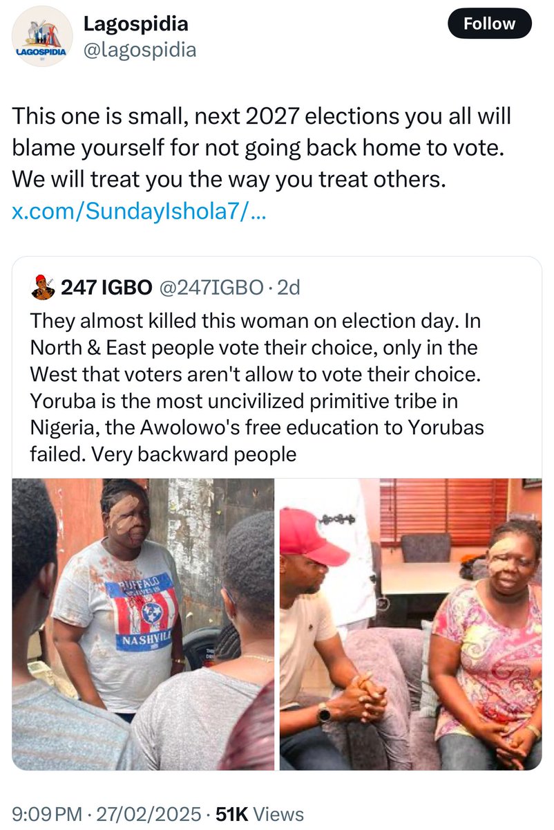 Voiceofigbos's tweet image. Dear @lagospidia 2027 will be that year  your people will learn not to start a fight they cannot finish , prepare we are preparing 

Let it not be like Your #igbomustgo threat. 
2027 might be that year we have be waiting for to leave. 

You and All the Yoruba that like that post…