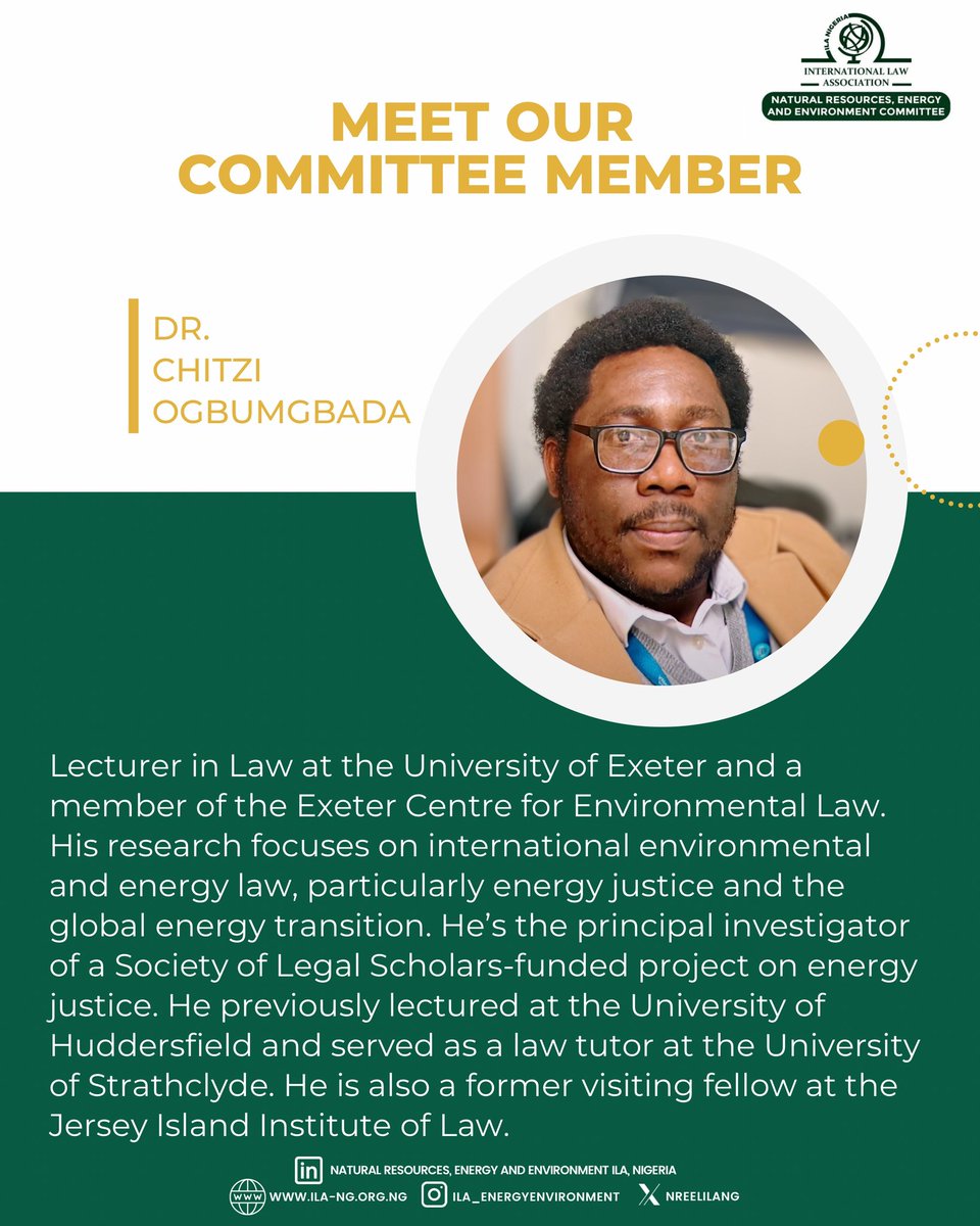 Nreelilang's tweet photo. On Day 7 of our "Meet Our Committee Member" series, we introduce Dr. Chitzi Ogbumgbada , a distinguished academic in the field of environmental and energy law!
Connect with him here: @Chitzi_O
#NREELCommittee #MeetOurCommittee https://t.co/QW4sYp1vdp