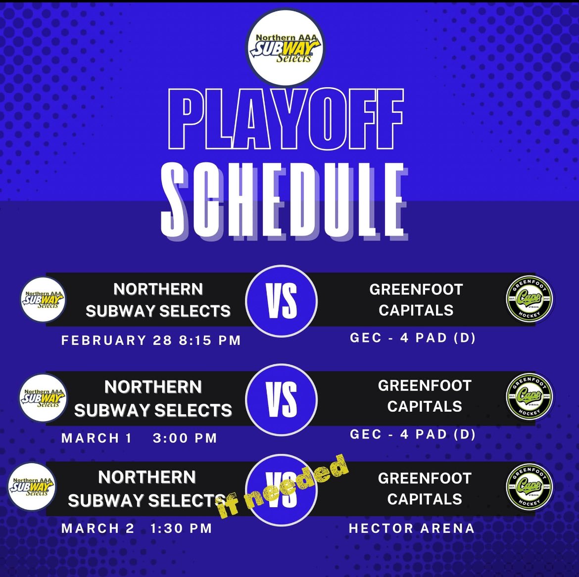 It's game day!! Our series with the Greenfoot Capitals is tied 1-1 going into game # 3 tonight in Halifax! Let's go Selects!