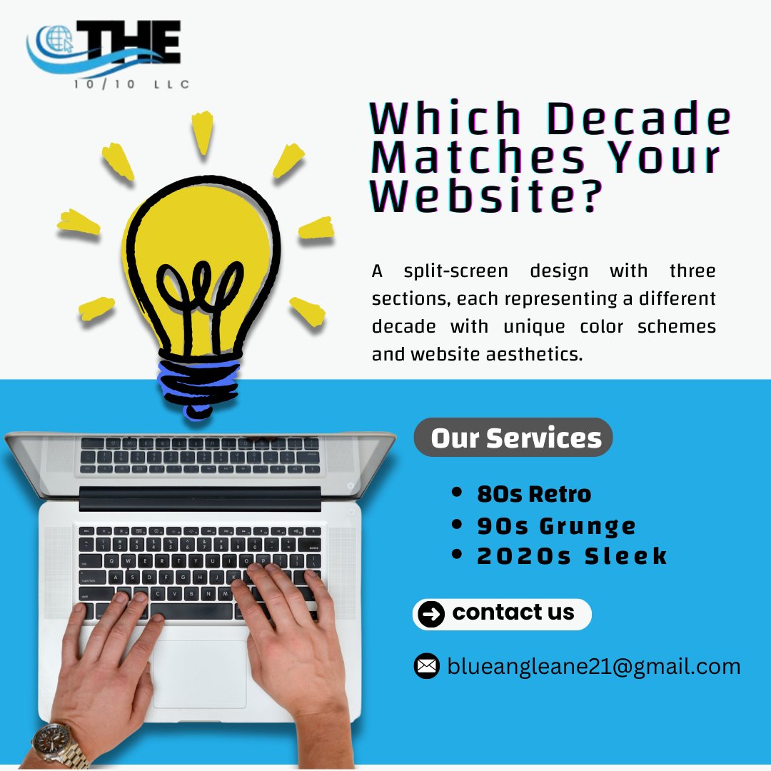 The1010LLC's tweet image. 🚀 What Decade Matches Your Website's Vibe? 🎸📱
Is your site 80s neon, 90s grunge, or sleek 2020s? 🤔
✨ Take our fun quiz & uncover your website’s true era! You might be surprised.
Find out now! 1010llc.1010llc.multisiteadmin.com
#WebsiteVibes #RetroToModern #WebDesignFun #Digital