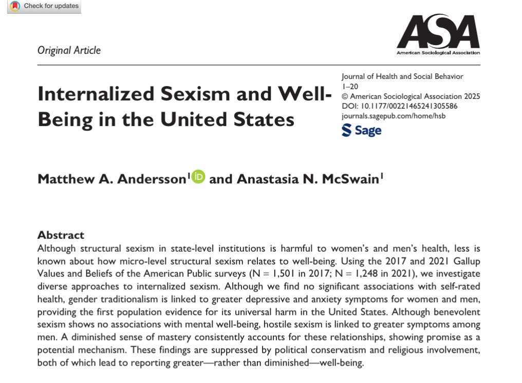 JHSB (@jofhsb) on Twitter photo March 1 is #ZeroDiscriminationDay
In #NewPublication Matthew A. Andersson & Anastasia N. McSwain explore how micro-level structural sexism is linked to mental health, and what role politics and religion play in this relationship: bit.ly/4gRIE2J
<a href="/Baylor_AandS/">Baylor University College of Arts & Sciences</a> @ASAMedSo March 1 is #ZeroDiscriminationDay
In #NewPublication Matthew A. Andersson & Anastasia N. McSwain explore how micro-level structural sexism is linked to mental health, and what role politics and religion play in this relationship: bit.ly/4gRIE2J
<a href="/Baylor_AandS/">Baylor University College of Arts & Sciences</a> @ASAMedSo
