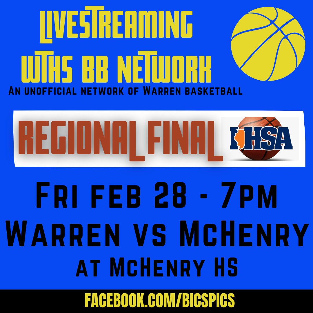Benjamin Squires (@maybeletsgo) on Twitter photo Regional Final - <a href="/WTHS_BD_Bball/">Warren Township High School Boys Basketball</a> vs <a href="/McHenryBBB/">McHenry Basketball</a> - 7PM - at McHenry HS, 4724 W Crystal Lake Rd, McHenry
GoFan link for tix: gofan.co/event/3252439?…
Livestream with play-by-play at facebook.com/bicspics
<a href="/mattjnow/">Matt Now</a>
<a href="/OwenSquires25/">Owen Squires</a>
<a href="/IHSA_IL/">Illinois High School Association #IHSA</a>
<a href="/ILLHoopsScoops/">ILLHoopsScoops</a>
<a href="/LCNewsSunSport/">News-Sun Sports</a> Regional Final - <a href="/WTHS_BD_Bball/">Warren Township High School Boys Basketball</a> vs <a href="/McHenryBBB/">McHenry Basketball</a> - 7PM - at McHenry HS, 4724 W Crystal Lake Rd, McHenry
GoFan link for tix: gofan.co/event/3252439?…
Livestream with play-by-play at facebook.com/bicspics
<a href="/mattjnow/">Matt Now</a>
<a href="/OwenSquires25/">Owen Squires</a>
<a href="/IHSA_IL/">Illinois High School Association #IHSA</a>
<a href="/ILLHoopsScoops/">ILLHoopsScoops</a>
<a href="/LCNewsSunSport/">News-Sun Sports</a>