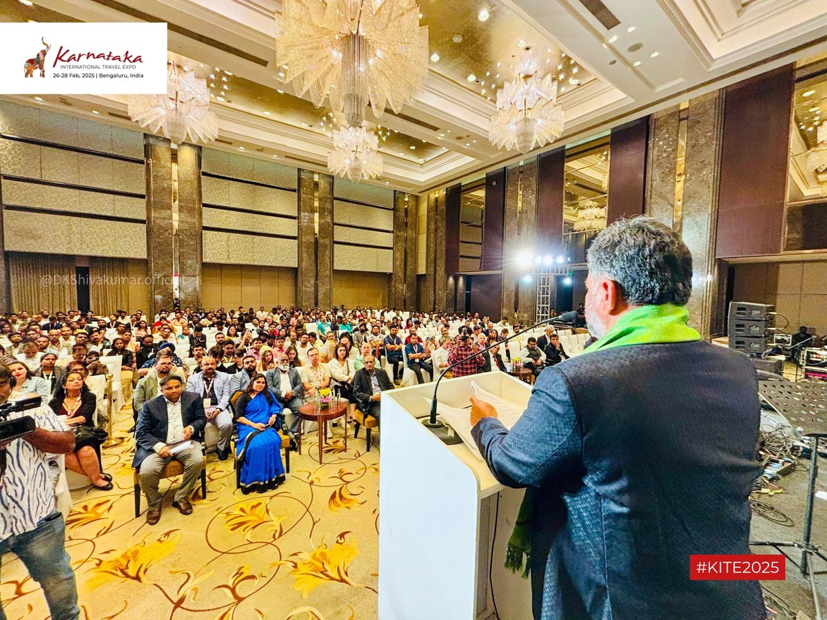 ExpoKarnataka's tweet photo. Hon'ble DCM Shri @DKShivakumar addressed national tour operators at a special banquet in #Bengaluru, highlighting #Karnataka’s vast #tourism potential.  With a new tourism policy driving growth, the state is set to soar as a top destination!  #KarnatakaTourism #KITE2025 https://t.co/Hlnhm0EEfh