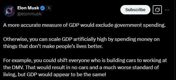 If you're teaching Introductory Macro, here's a useful exam question: "Based on your knowledge of how GDP is calculated, is Elon right? Explain (in up to 280 characters)." #TeachEcon
