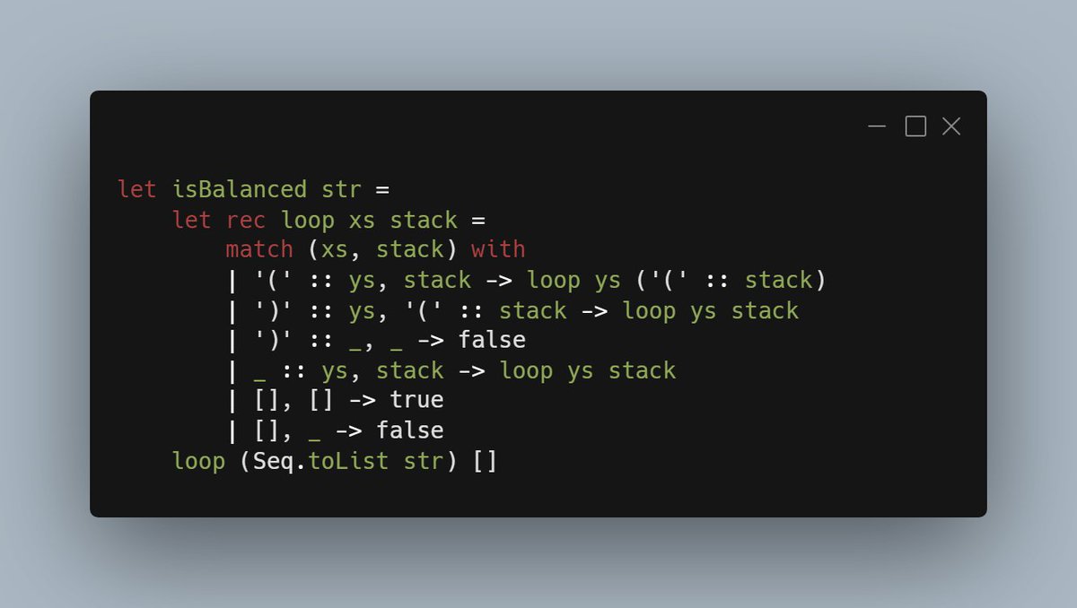 jonas1ara's tweet image. And now take a look at this beautiful idiomatic #fsharp code to balance parentheses.

- It uses an immutable list of F# (&apos;T list), which is persistent and functionally handled, there is no explicit mutability; each &quot;push&quot; creates a new list (although the compiler optimizes this…