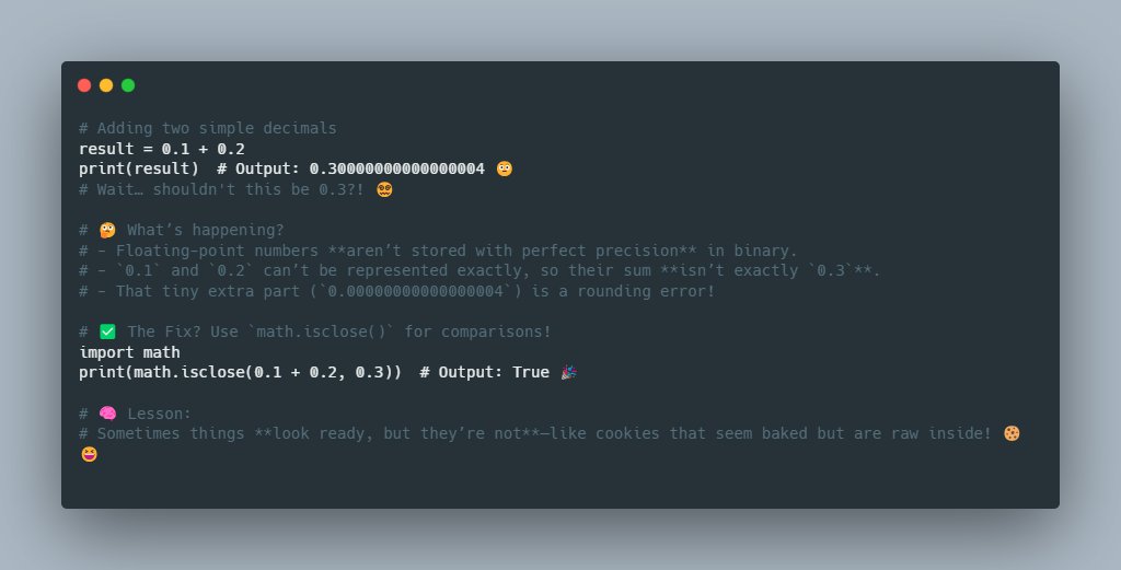shyamjethva208's tweet image. Grandma's recipe says 'bake for 40 minutes at 180°C,' but after 20 minutes, it looks done... So now I have trust issues.
Python #CodingQuirks #FloatingPointWoes #MathLies #DevHumor