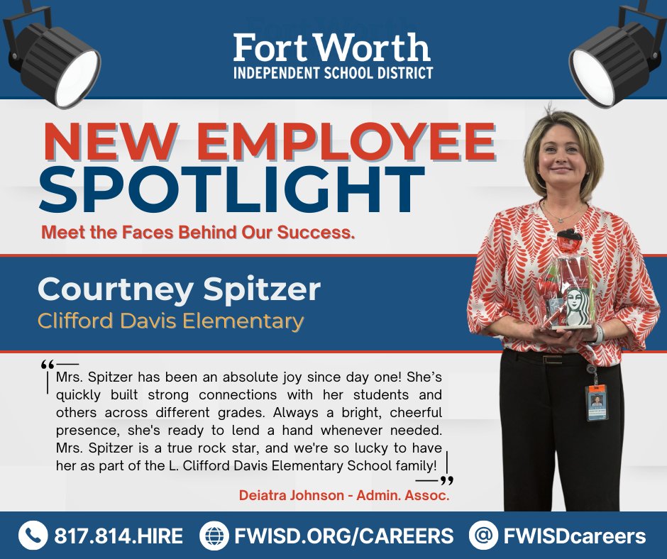 FWISD Careers (@fwisdcareers) on Twitter photo Meet Courtney Spitzer, an incredible teacher and the newest shining star at <a href="/CliffordDavisFW/">L. Clifford Davis Elementary</a>. The <a href="/FortWorthISD/">Fort Worth Independent School District</a> Strategic Recruitment Team is proud to celebrate Mrs. Spitzer's unique talents and dedication to her campus. Meet Courtney Spitzer, an incredible teacher and the newest shining star at <a href="/CliffordDavisFW/">L. Clifford Davis Elementary</a>. The <a href="/FortWorthISD/">Fort Worth Independent School District</a> Strategic Recruitment Team is proud to celebrate Mrs. Spitzer's unique talents and dedication to her campus.