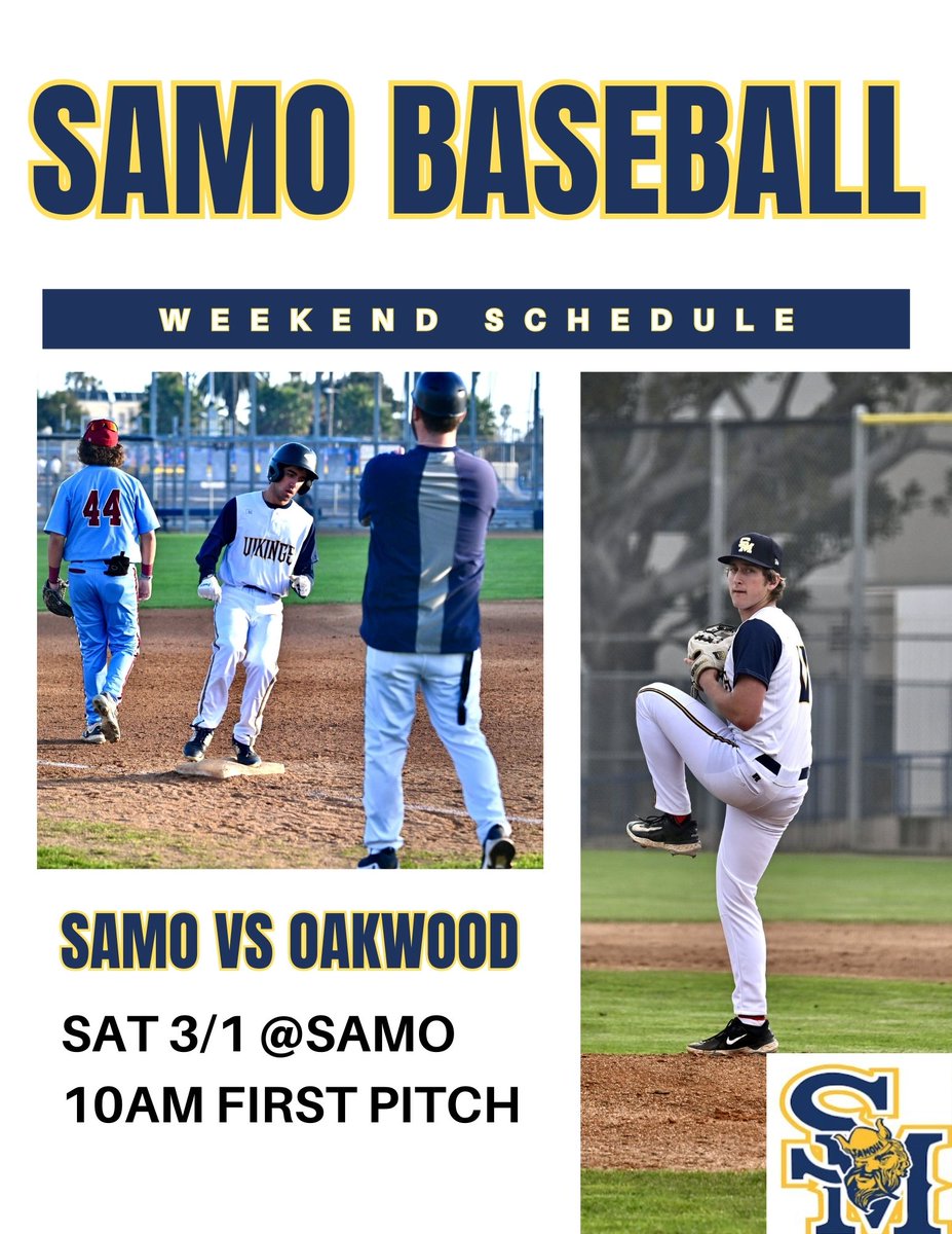 Tomorrow's Game: vs Oakwood at SAMO.
First pitch: 10am
#GOSAMO #SAMOhiBASEBALL