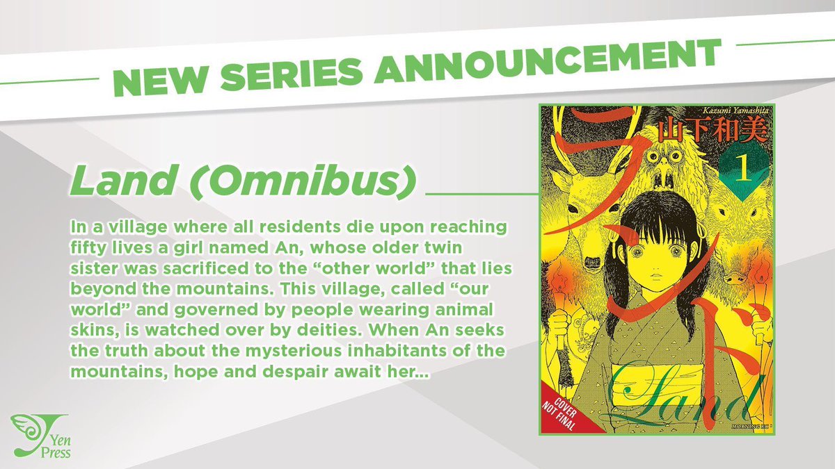 yenpress's tweet photo. NEW MANGA ANNOUNCEMENT: Land

Kazumi Yamashita's award-winning series will be coming to English print in 3-in-1 omnibus volumes!

In a village where all the residents die upon reaching the age of fifty, a young girl named An seeks the truth about the mysterious inhabitants of the "other world" that the village offers sacrificed to.