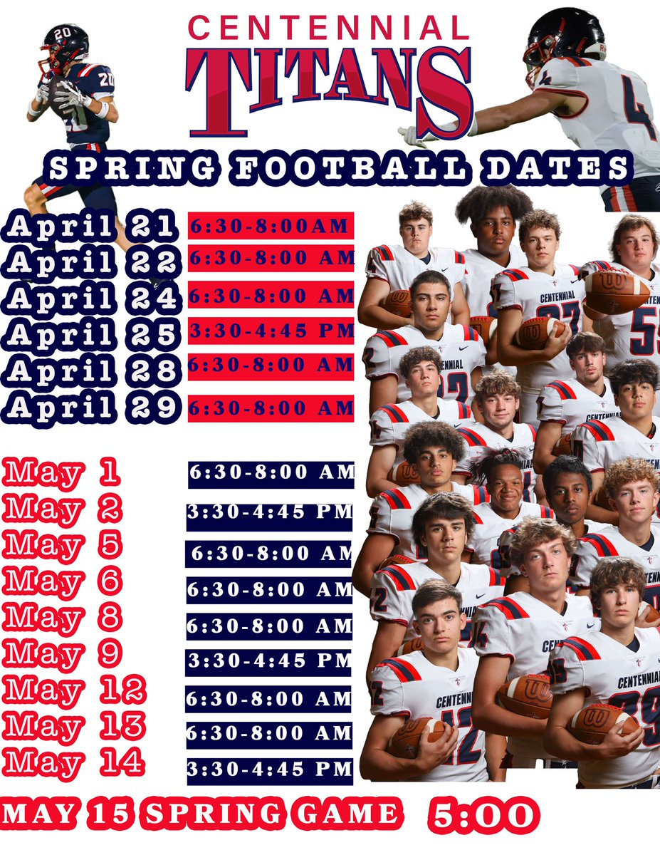 🚨Spring Football Dates 📆 &amp; Times ⏰ has dropped!! Come watch the Titans prepare for the upcoming season!!😤 #Character #Commitment #Compete 🔵🔴