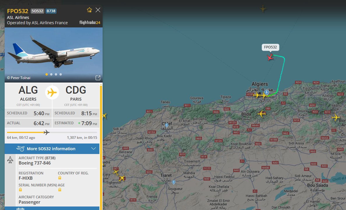 b737m's tweet photo. 🚨🚨🚨#Emergency_Landing
#ASLAirlines 🇫🇷
#FPO532 / 5O532
#Boeing 737-846
Reg: F-HIXB
From #Algiers (ALG) 🇩🇿 to #Paris (CDG) 🇫🇷
Diverting to #Algiers (ALG) 🇩🇿
. https://t.co/Vk2a4Ax6Z5