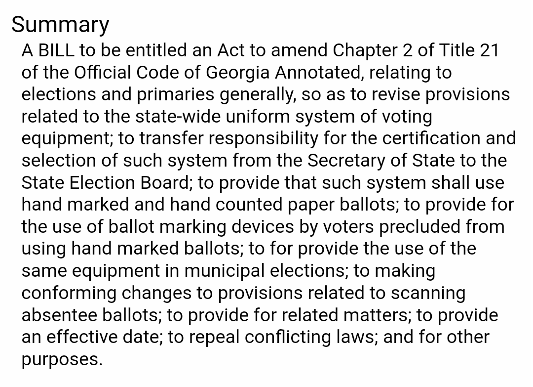 Georgia Senator Colton Moore and two others have introduced a bill to switch GA to hand marked and hand counted paper ballots. 

This bill would also transfer election system certification and selection from the GA Secretary of State to the State Election Board. This will reduce