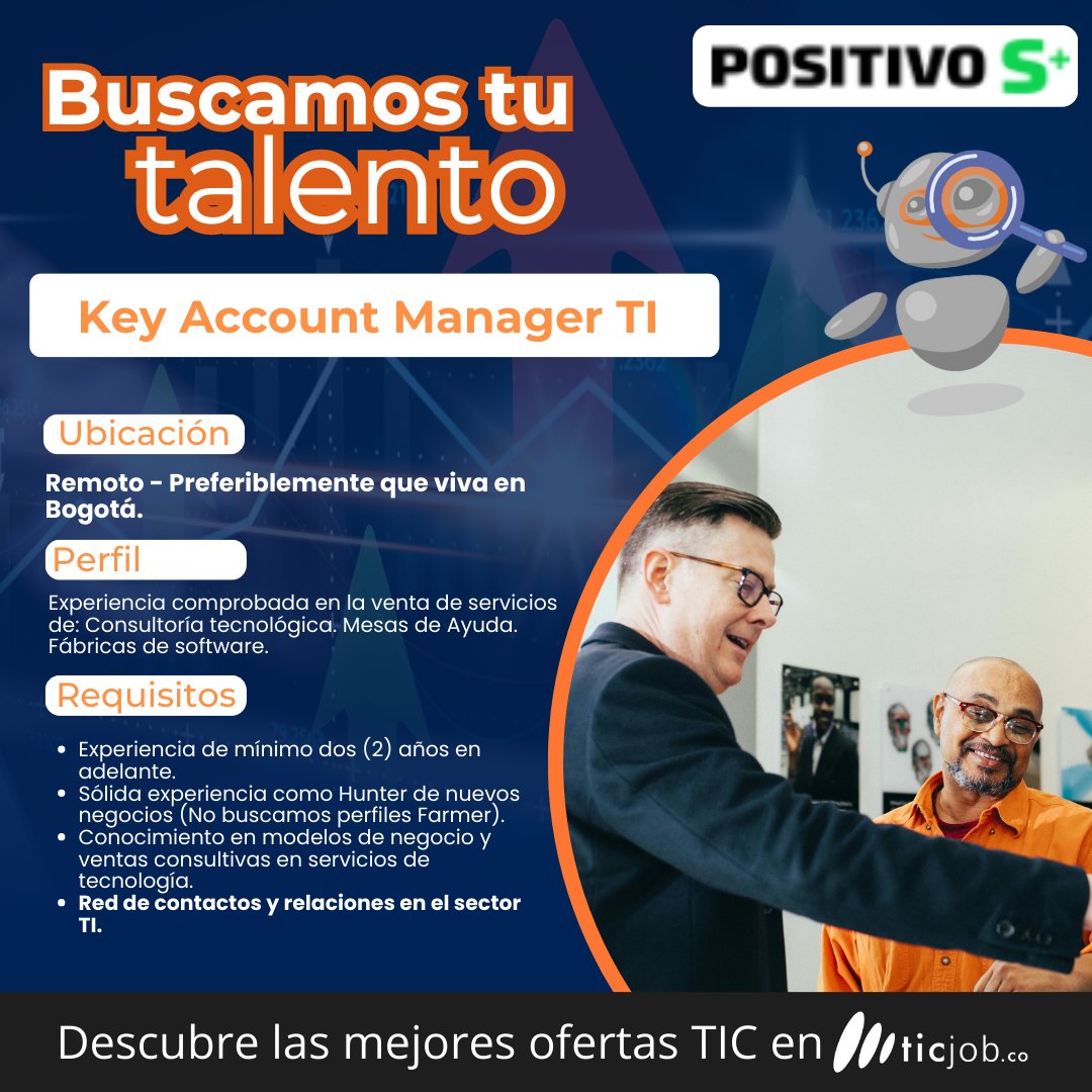 ticjobco's tweet photo. 👋¡¡Traemos ésta súper #ofertatic de #Positivo #S+!! están buscando un #Key #Account #Manager #TI con mínimo 2 años de experiencia, para trabajar #remoto pero que preferiblemente viva en #Bogotá, revisa su #ofertatic y si cumples, postula 👉https://t.co/EkiP75S30K
#ticjob https://t.co/BwbGdbkmtA