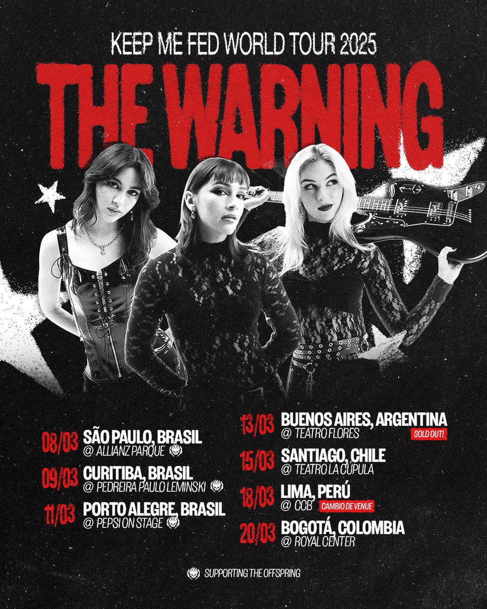 ¡Nos vemos pronto Brasil, Argentina, Chile, Perú y Colombia!  🇧🇷🇦🇷🇨🇱🇵🇪🇨🇴

¿A quien veremos por ahí? Tickets en 👇🏻
thewarningband.com/pages/tour-dat…

#TheWarning