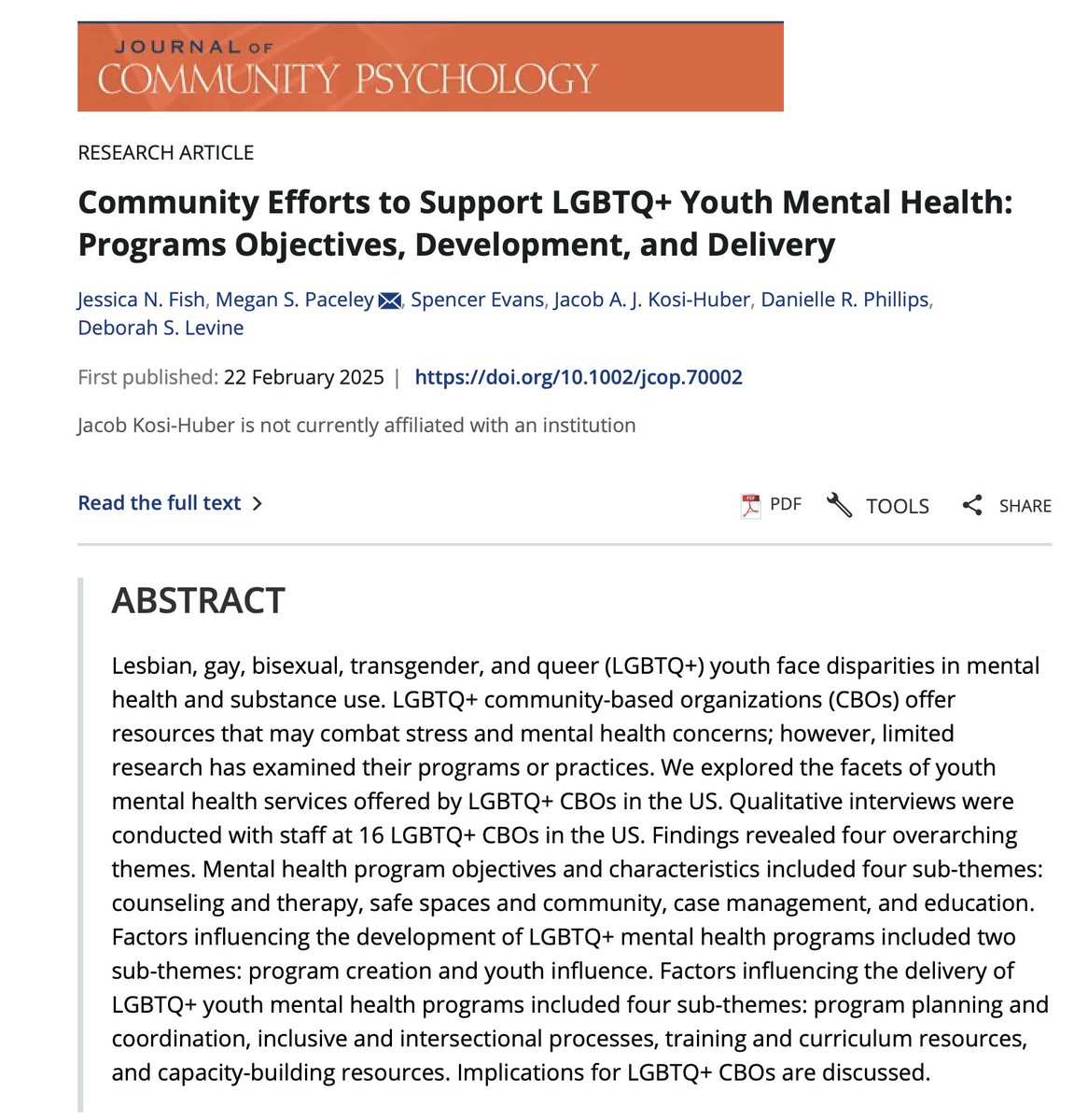 Congrats to Dr. Megan Paceley &amp; co-authors on their article, "Community Efforts to Support LGBTQ+ Youth Mental Health: Programs Objectives, Development, and Delivery" in the Journal of Community Psychology!🏳️‍🌈🧠  Read more link in bio!