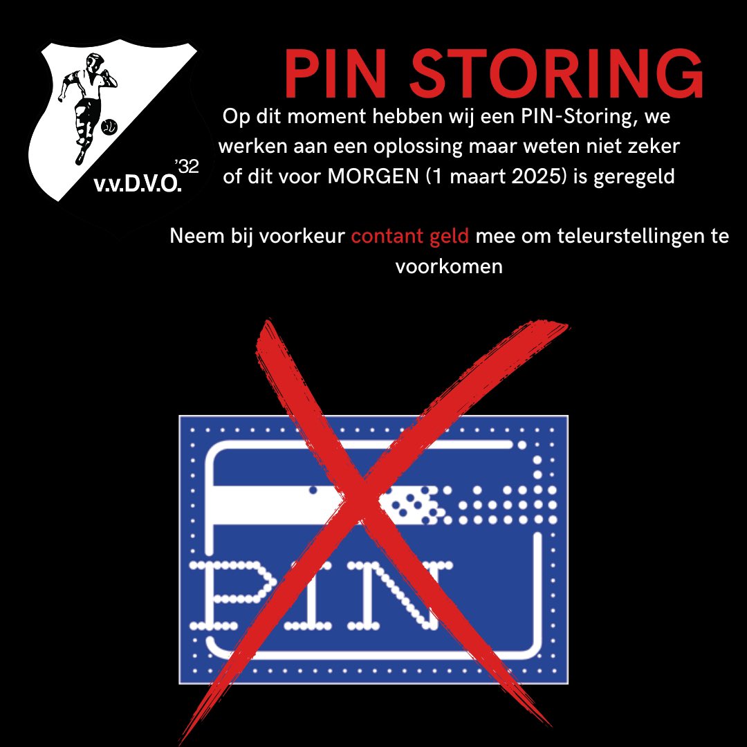 Attentie ❗️❗️

Op dit moment hebben we te maken met een PIN-storing. We werken aan een oplossing maar weten niet zeker of dit voor morgen (zaterdag 1 maart 2025) is geregeld. 

Neem morgen contant geld mee als u iets wilt kopen, dit om teleurstellingen te voorkomen.

Bedankt!