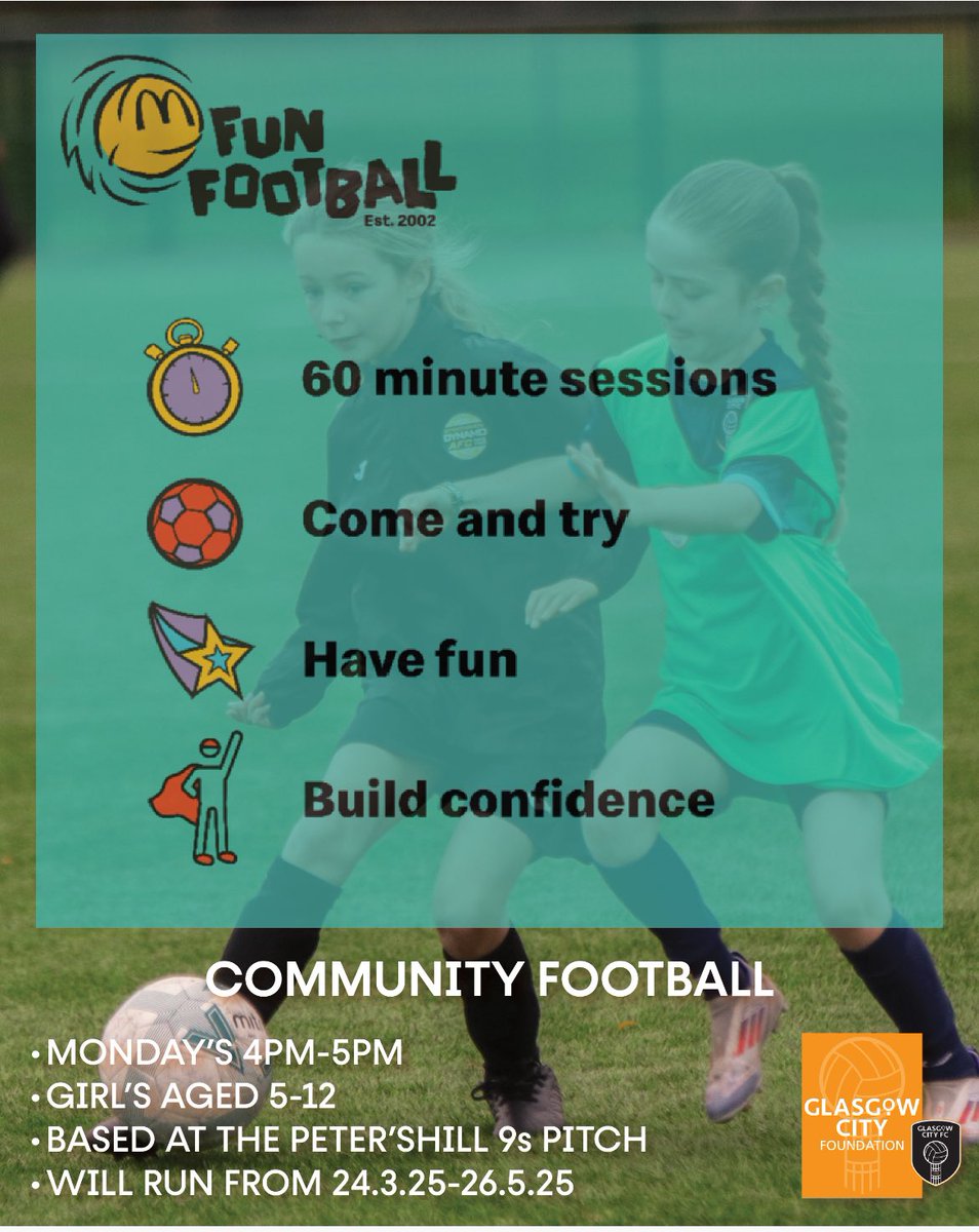 GCFCFoundation's tweet photo. ⚽️COMMUNITY FOOTBALL⚽️

Registration for our new McDonald's Fun Football Community program is open now.

Monday's 4pm-5pm
2, Girls aged 5-12
Petershill 9s pitch
17. 24.3.25-26.5.25

#FootballForAll

To register follow the below link 

https://t.co/wVSDVcyoUj https://t.co/JccRUsWQKc